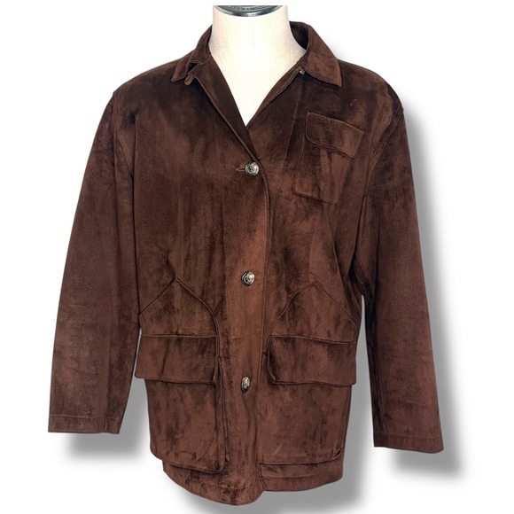 Lauren Ralph Lauren Faux Suede Safari Chore Jacket L Brown Button Front Utility